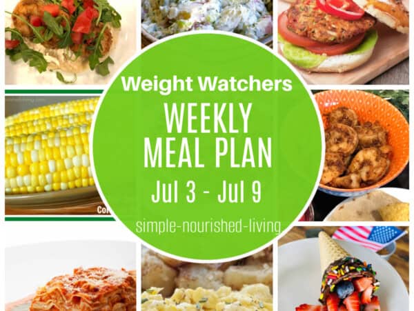 9 Frame Food Photo Collage featuring: shrimp tacos, potato salad, veggie burgers, corn on the cob, bowl of sauteed shrimp, chicken parmesan lasagna, scrambled eggs, and chocolate dip fruit filled ice cream cones with Green Round Overlay: Weight Watchers Weekly Meal Plan Jul 3 - Jul 9