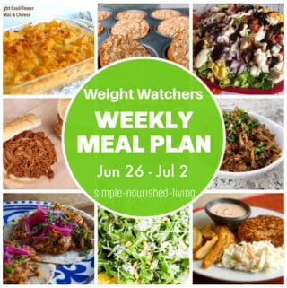 9 frame photo collage baked cauliflower mac & cheese, baked oatmeal muffin cups, BBQ chicken salad, pulled pork sandwiches, pulled pork, pulled pork tacos, sunflower seed green salad, salmon patties. Text box overlay: Weight Watchers Weekly Meal Plan Jun 26 - Jul 2