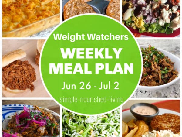 9 frame photo collage baked cauliflower mac & cheese, baked oatmeal muffin cups, BBQ chicken salad, pulled pork sandwiches, pulled pork, pulled pork tacos, sunflower seed green salad, salmon patties. Text box overlay: Weight Watchers Weekly Meal Plan Jun 26 - Jul 2