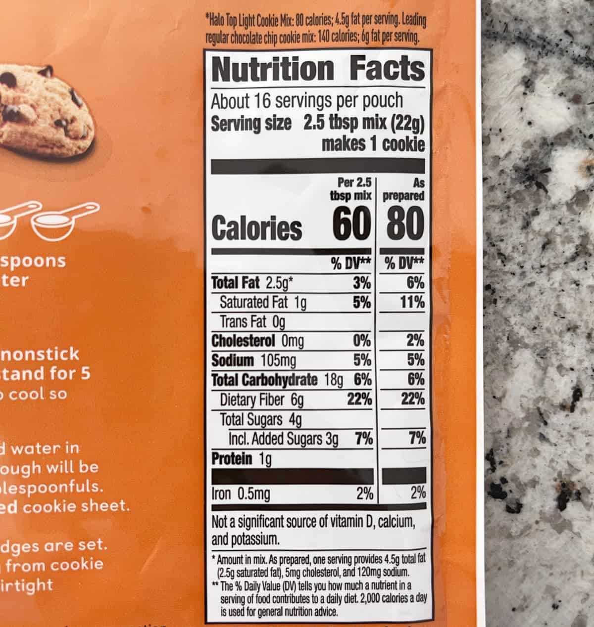 Halo Top packaged light peanut butter chocolate chip cookies nutrition label.