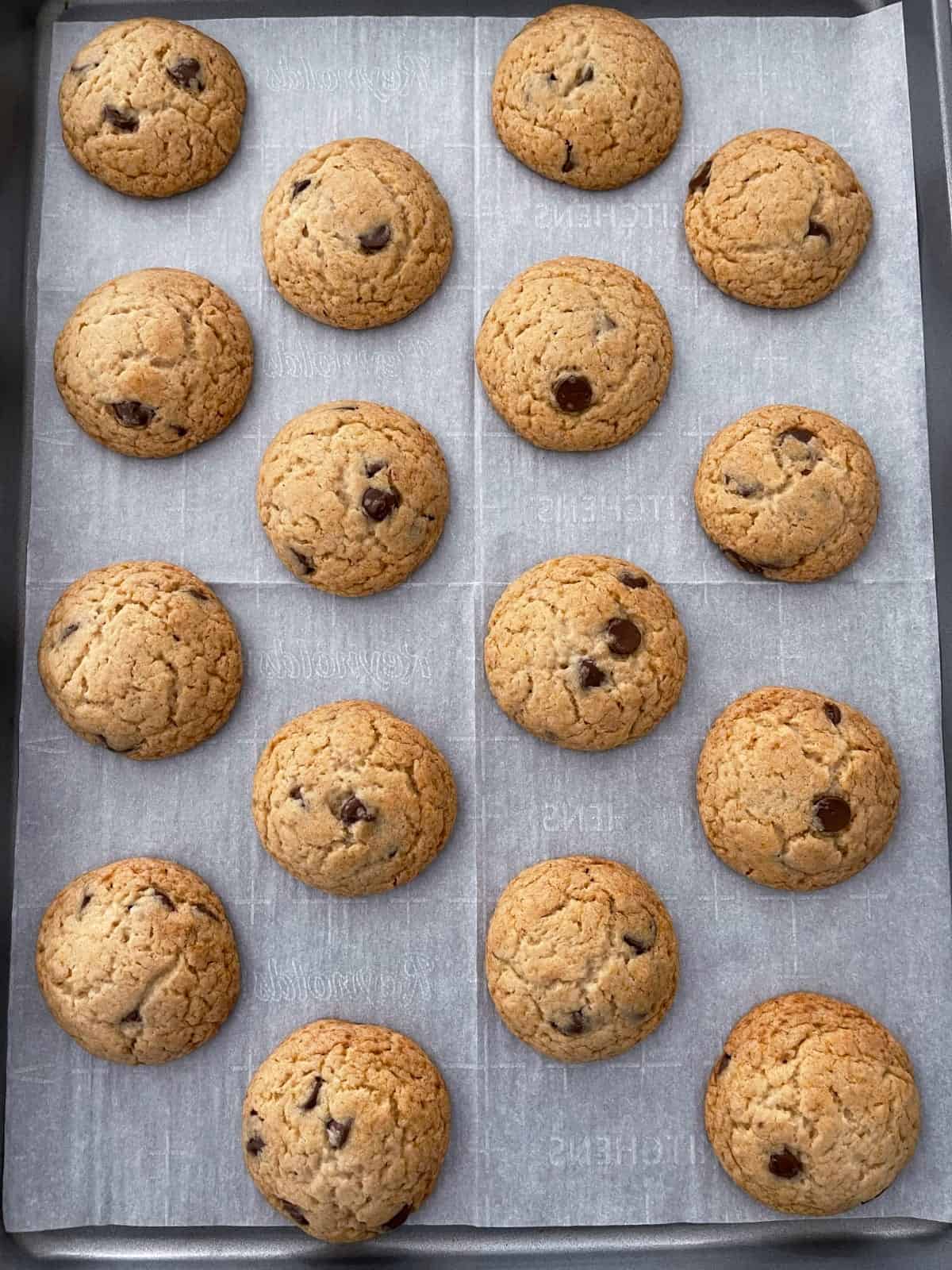Fresh baked Halo Top peanut butter chocolate chip cookies on parchment-lined baking sheet.