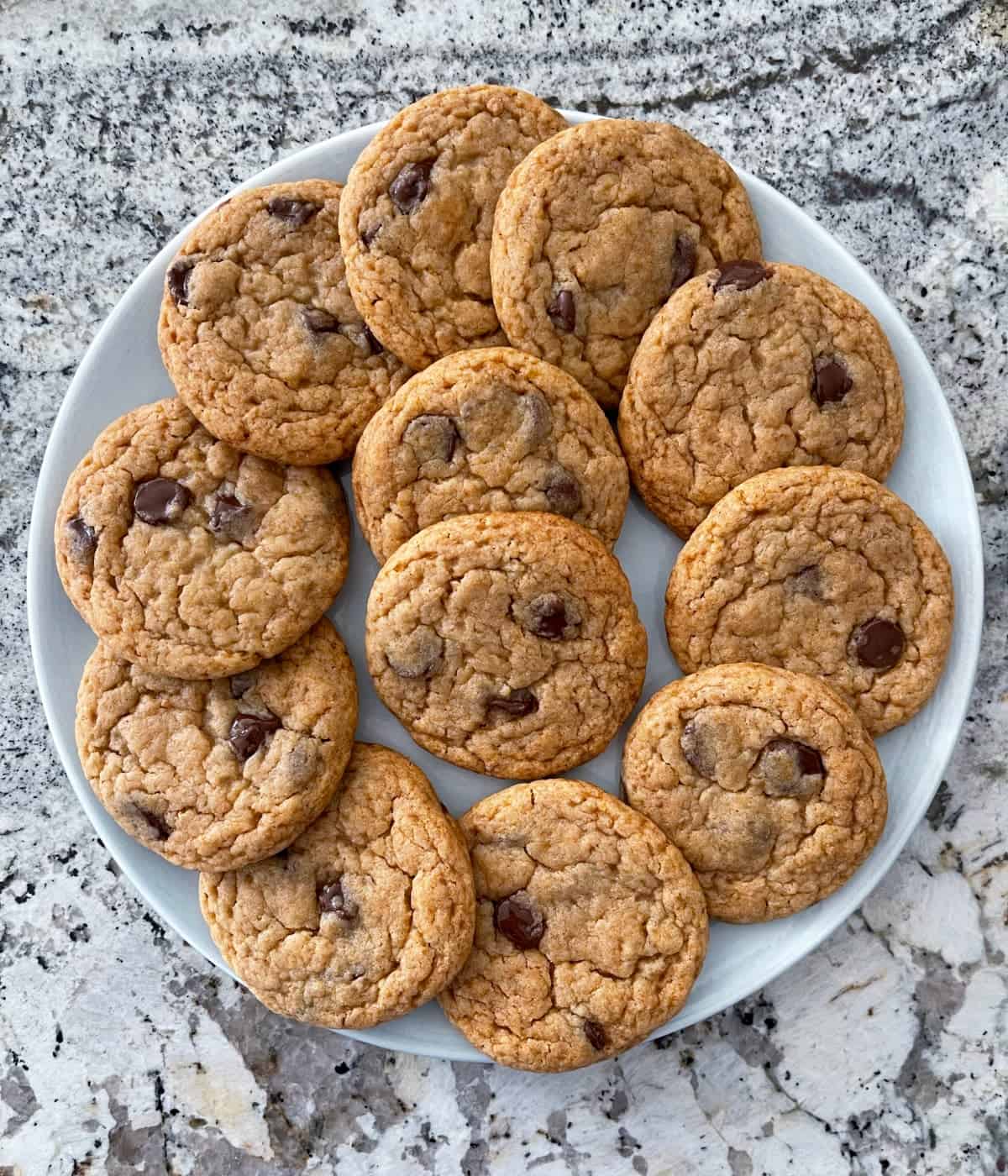 Halo Top peanut butter chocolate chip light cookies on round blue serving platter.