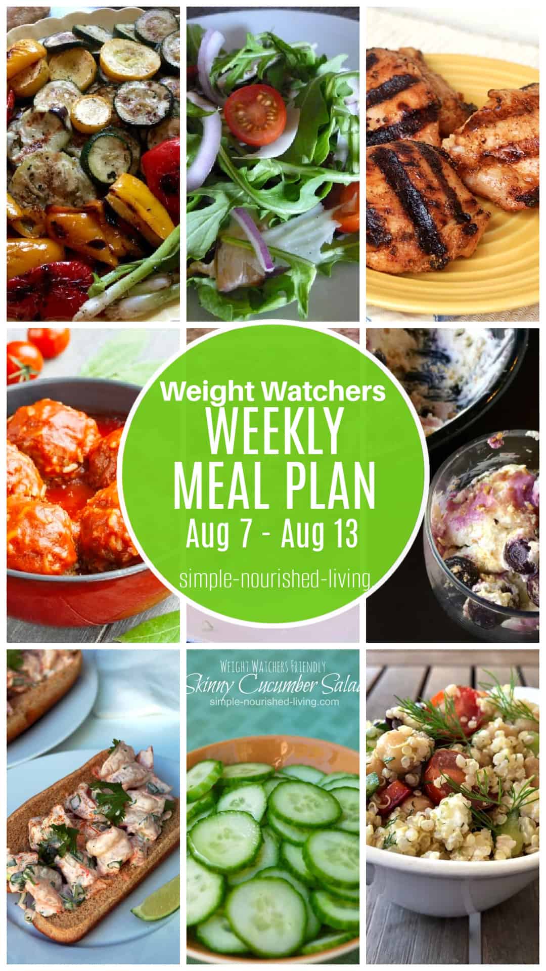 9 frame food photo collage with images of platter of grilled vegetables, arugula salad, platter of grilled chicken thighs, bowl of porcupine meatballs, bowl of blueberry topped no bake cheesecake dessert, tex-mex shrimp roll, sliced cucumber salad, bowl of Greek Quinoa Salad, Text Box Overlay: Weight Watchers Weekly Meal Plan