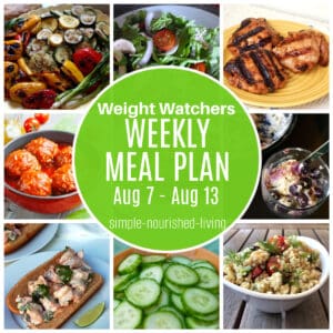 9 frame food photo collage with images of platter of grilled vegetables, arugula salad, platter of grilled chicken thighs, bowl of porcupine meatballs, bowl of blueberry topped no bake cheesecake dessert, tex-mex shrimp roll, sliced cucumber salad, bowl of Greek Quinoa Salad, Text Box Overlay: Weight Watchers Weekly Meal Plan