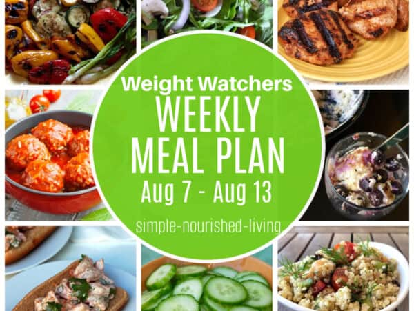 9 frame food photo collage with images of platter of grilled vegetables, arugula salad, platter of grilled chicken thighs, bowl of porcupine meatballs, bowl of blueberry topped no bake cheesecake dessert, tex-mex shrimp roll, sliced cucumber salad, bowl of Greek Quinoa Salad, Text Box Overlay: Weight Watchers Weekly Meal Plan