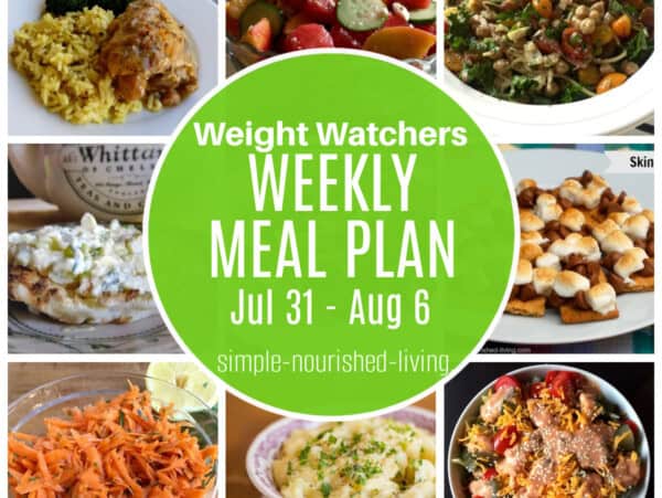 9 frame food collage showing slow cooker beer chicken with herbs, mixed fruit salad, Italian sub pasta salad, egg salad on a toasted english muffins, skinny open face baked s'mores, shredded carrot salad, mashed potatoes, big mac salad. Round green Text Box: Weight Watchers Weekly Meal Plan July 31 - August 6