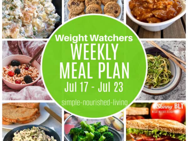 9 frame collage: dil potato salad, peanut butter chocolate chip cookies on a white plate, white bowl of shredded honey sriarcha chicken, bowl of cereal with fruit, cold sesame zucchini noodles, blue pottery bowl with crunchy tuna salad with toast behind, bowl of steamed broccoli, half BLT Round Green Text Box Overlay: Weight Watchers Weekly Meal Plan July 17 - July23