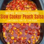 Slow Cooker Crock filled with fresh peach salsa shot from above