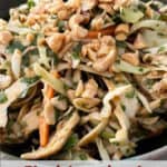 Finished Thai Chicken Coleslaw Recipe presented in a large pottery bowl on a granite counter