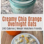White ramekin of creamy chia orange overnight oats with spoon on wooden board