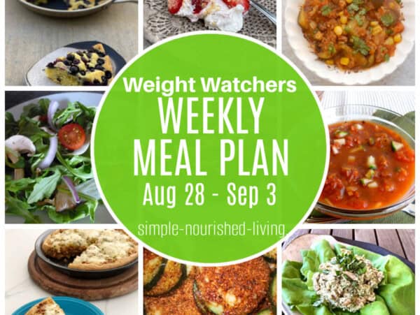 9 image food photo collage: skillet blueberry pancake, spoonable strawberry cheesecake dessert, bowl of slow cooker sausage and summer vegetables, leafy green salad, bowl of gazpacho, slice of impossibly easy taco pie, sliced zucchini, summer white bean and tuna salad in a lettuce leaf