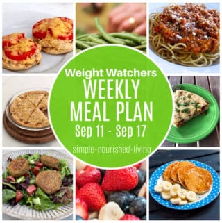 9 frame food photo collage featuring: tuna melts on english muffins, green beans, spaghetti sauce on pasta, zucchini pie, falafel salad, fresh berries and banana pancakes. Round green text box overlay in the center: Weight Watchers Weekly Meal Plan Sep 11 - Sep 17