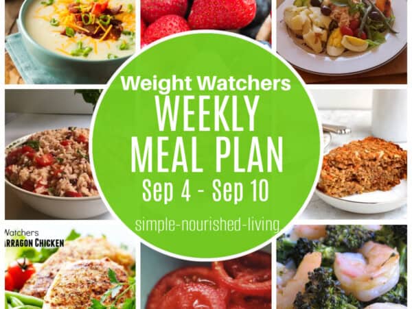9 frame food collage: potato soup, berries, tuna salad nicoise, Italian summer rice salad, carrot cake baked oatmeal, lemon tarragon chicken, sliced tomatoes, sheet pan shrimp and broccoli. Text Overlay: Weight Watchers Weekly Meal Plan Sep 4 - Sep 10