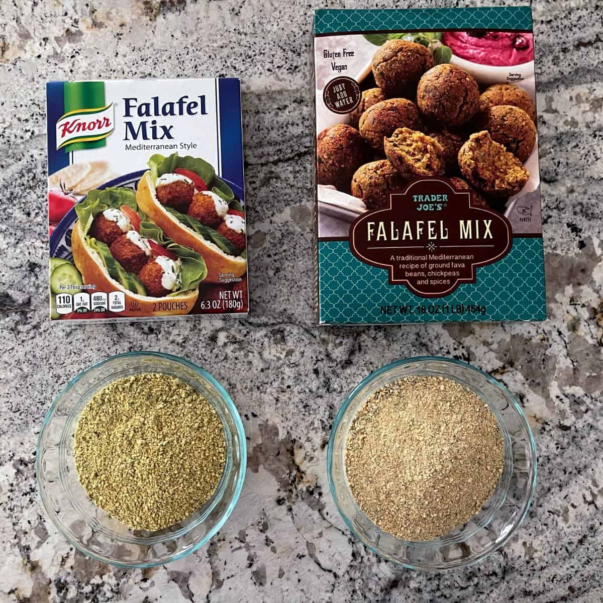 Knorr falafel mix package near a small glass bowl filled with mix right next to package of Trader Joe's falafel mix package near small bowl of mix, for comparison.