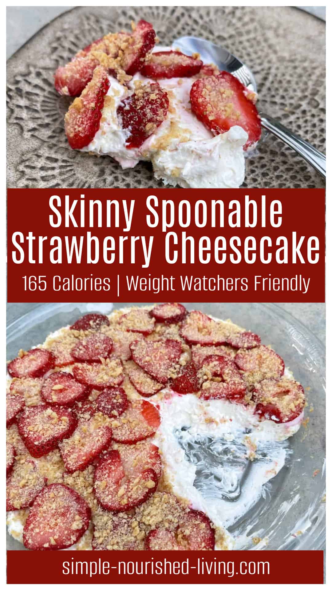 spoonable strawberry cheesecake in a pie plate and a serving on a pretty decorative textured pottery plate with spoon alongside.