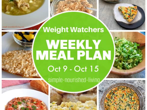 9 frame food photo collage featuring chicken posole, apple pie microwave oatmeal, sausage vegetable impossible pie, WW cottage cheese danish, shredded romaine salad, slow cooke lasagna soup, scrambled eggs