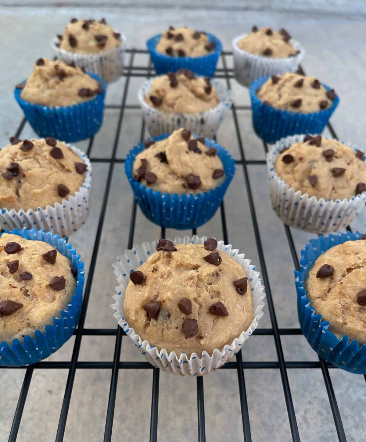 Banana chocolate chip pancake muffins in blue and white paper liners cooling on wire rack.