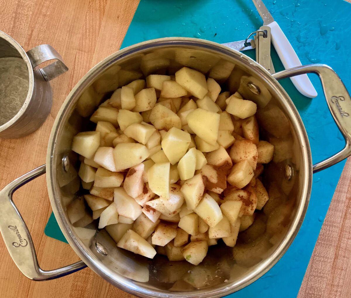 Chopped Apples, Pears, Lemon Juice, Water, Cinnamon in a Pot shot from Above