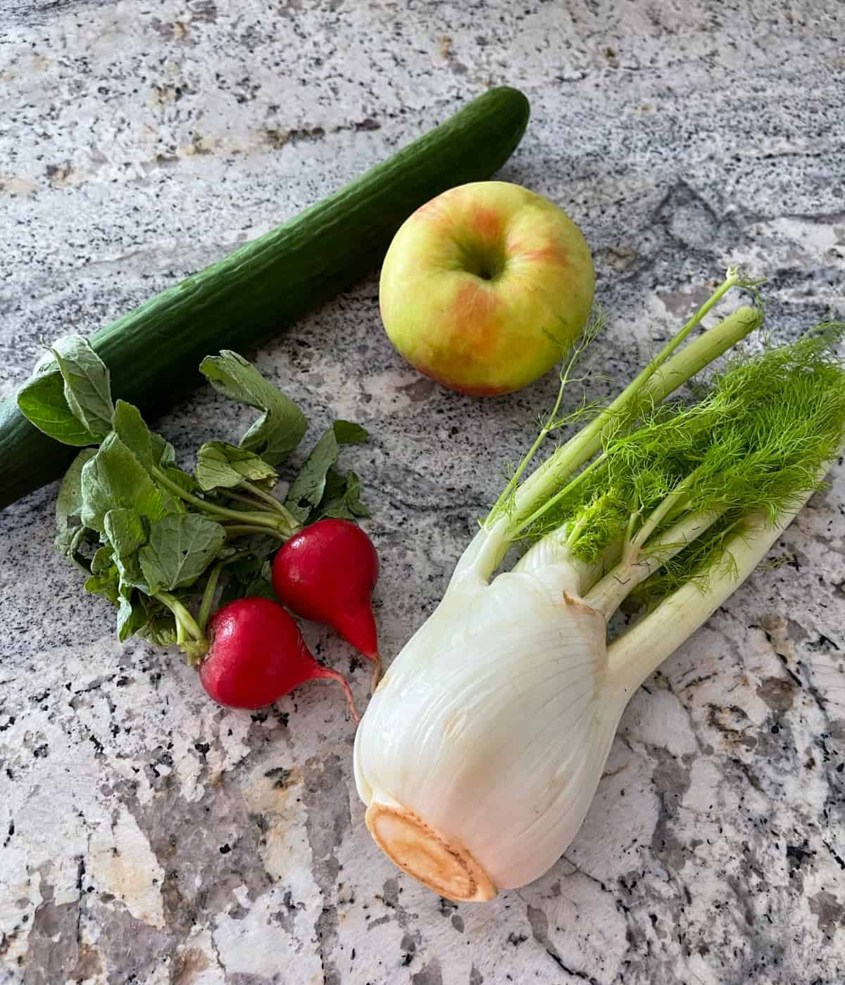 Ingredients including English cucumber, two radishes, honey crisp apple and fennel bulb with fronds on granite.