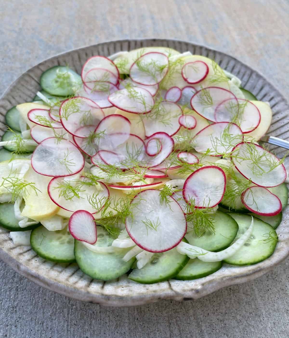 Radish Fennel Salad with sliced cucumber and Honeycrisp apple on serving dish with spoon.