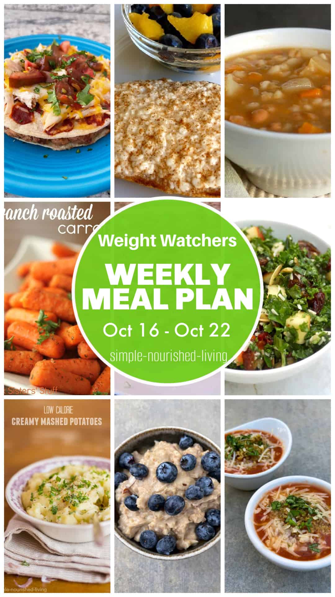 9 frame food photo collage: mexican skillet pizza, cottage cheese danish, bean barley soup, carrots, apple date salad, mashed potatoes, blueberry almond oatmeal, slow cooker chicken parmesan soup