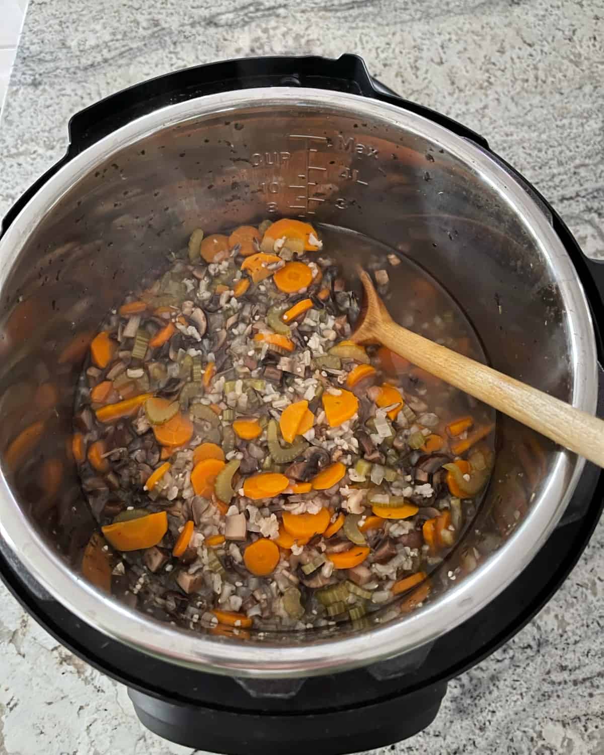 Stirring fresh cooked Instant Pot Wild Rice and Vegetable Stew with wooden spoon.