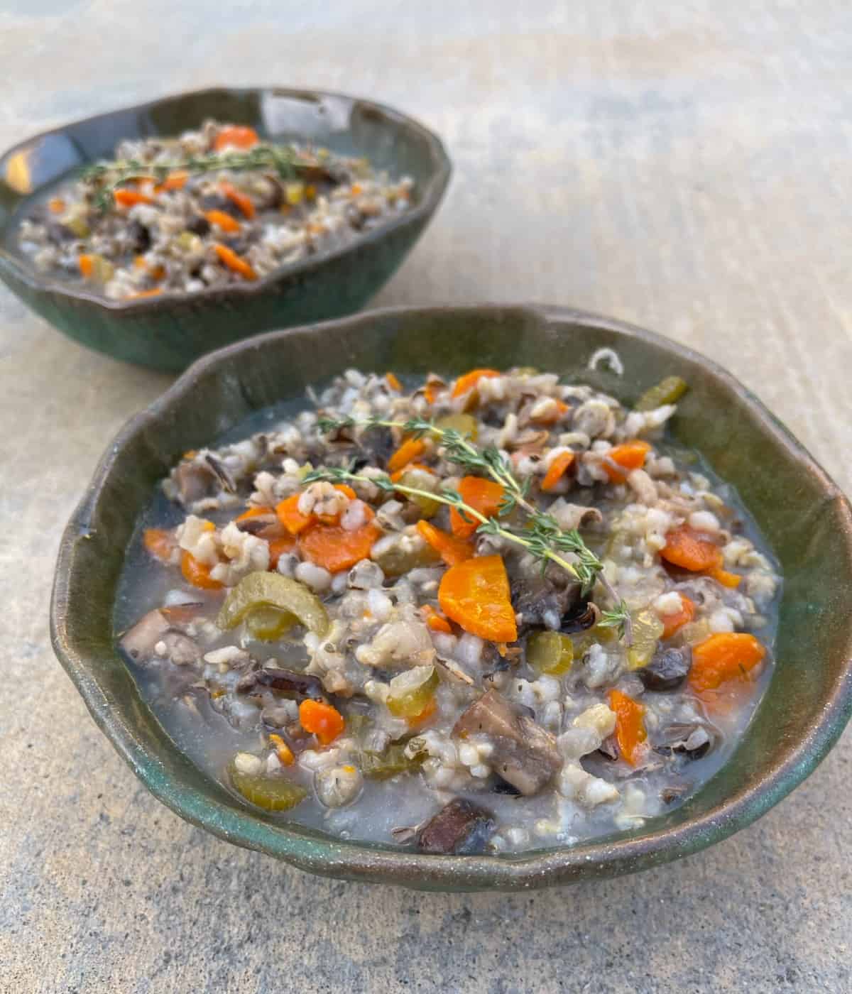 Instant Pot Wild Rice and Vegetable Stew in two green ceramic bowls garnished with sprigs of fresh thyme.
