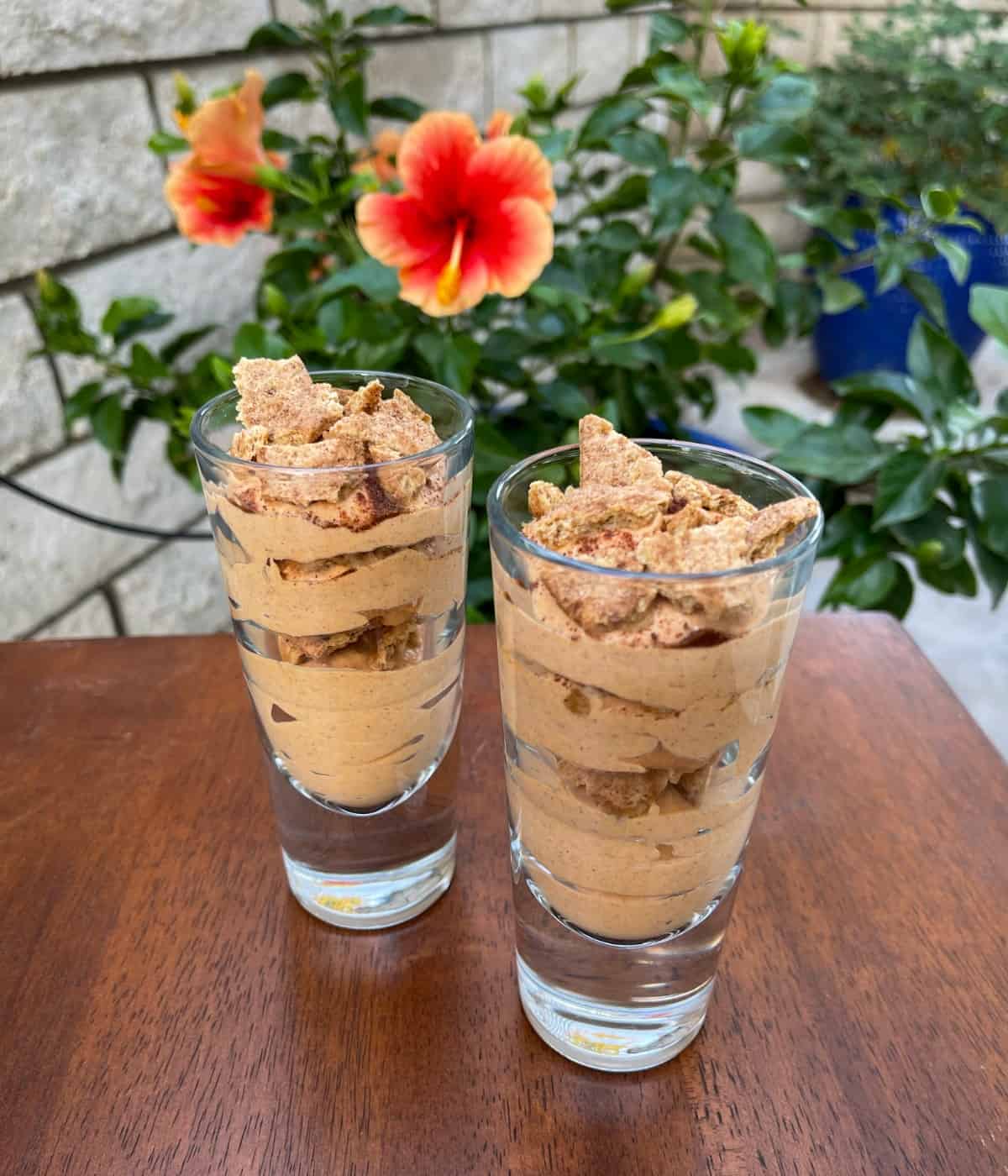 Two no-bake pumpkin yogurt parfaits in tall, skinny glasses topped with crushed cinnamon graham crackers.