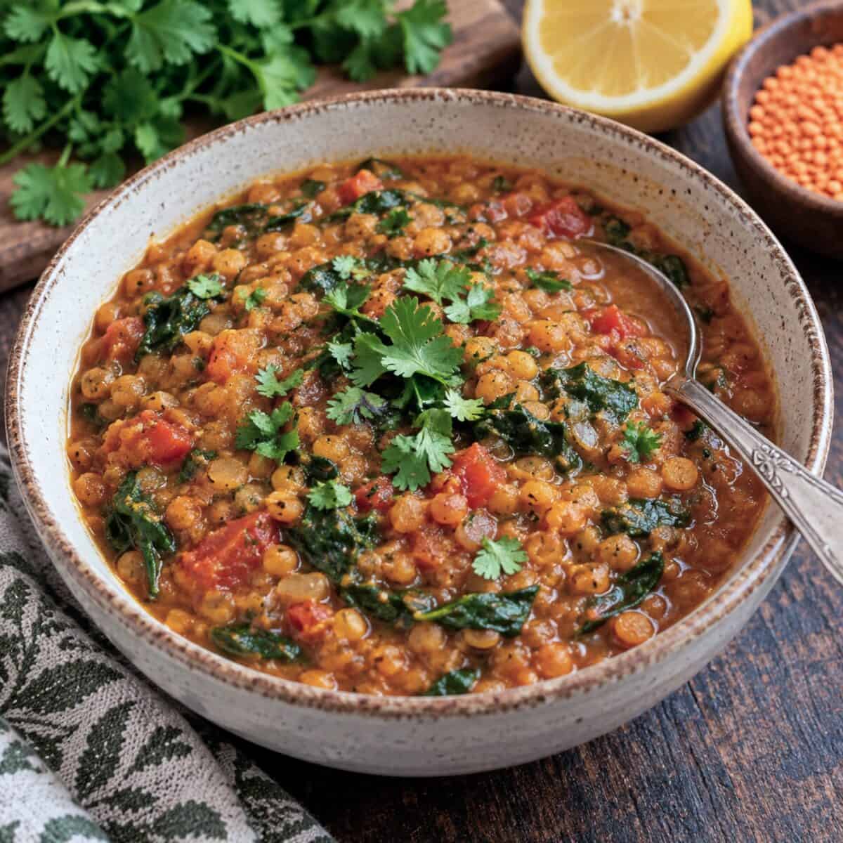 Slow Cooker Indian Lentil Stew garnished with fresh cilantro in a ceramic bowl with a spoon on wood table.