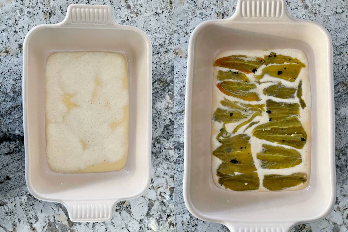 Collage of two photos - baking dish with light layer of egg mixture and second photo showing layer of green chiles over egg mixture in baking dish.