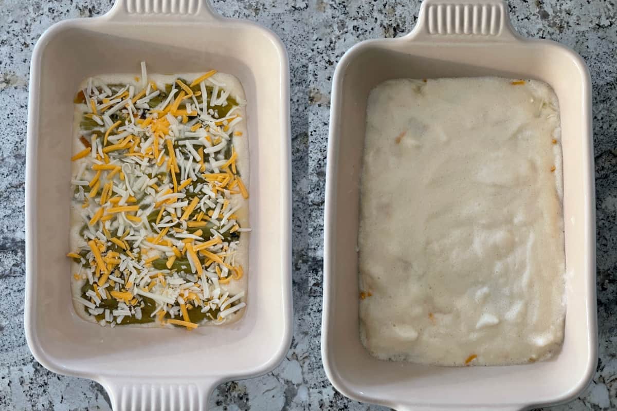 Two photo collage - baking dish with layers of egg, green chiles and shredded cheese and second photo with final layer of egg mixture over shredded cheese.