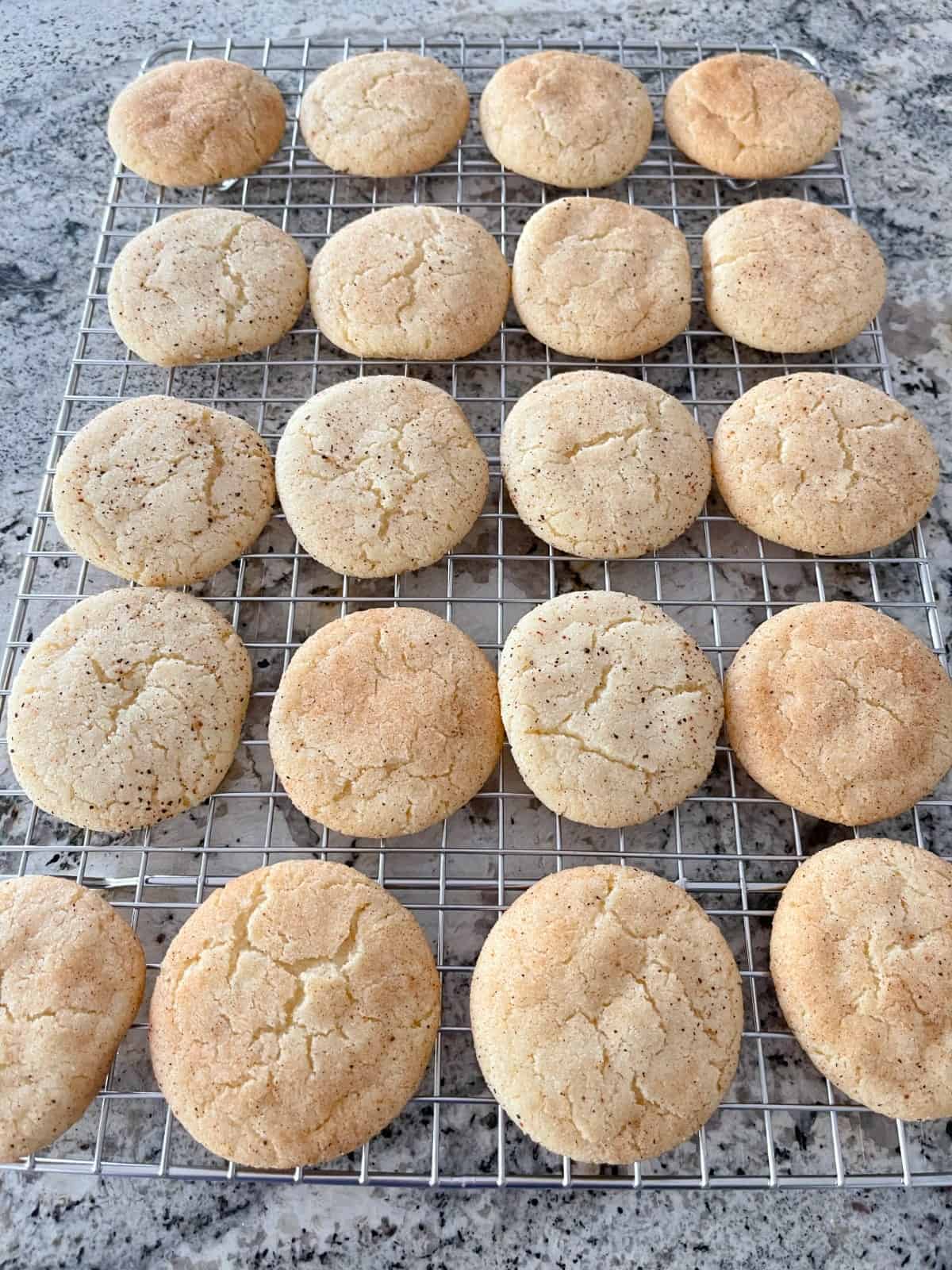 Fresh baked eggnog snickerdoodle cookies cooling on wire rack.