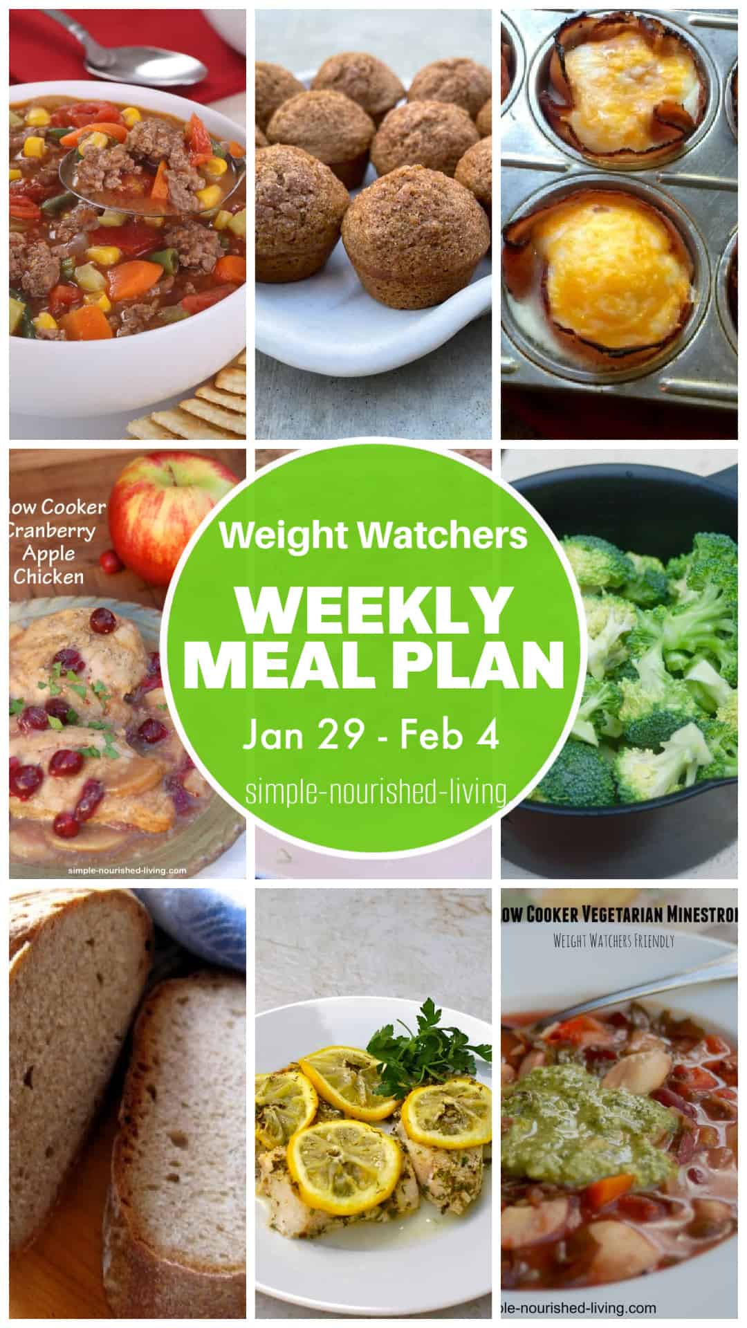 9 frame food photo collage featuring recipes from this week's WW friendly Meal Plan for Pinterest PIN