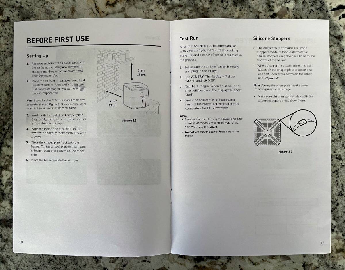 Cosori air fryer user manual showing before first use page and page with test run instructions.