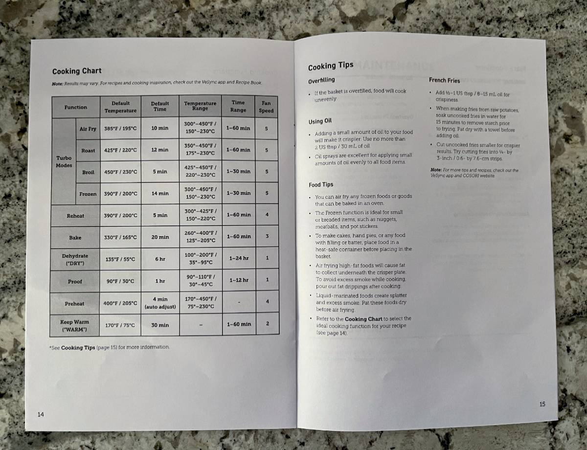 Cosori air fryer manual showing cooking chart and cooking tips pages.