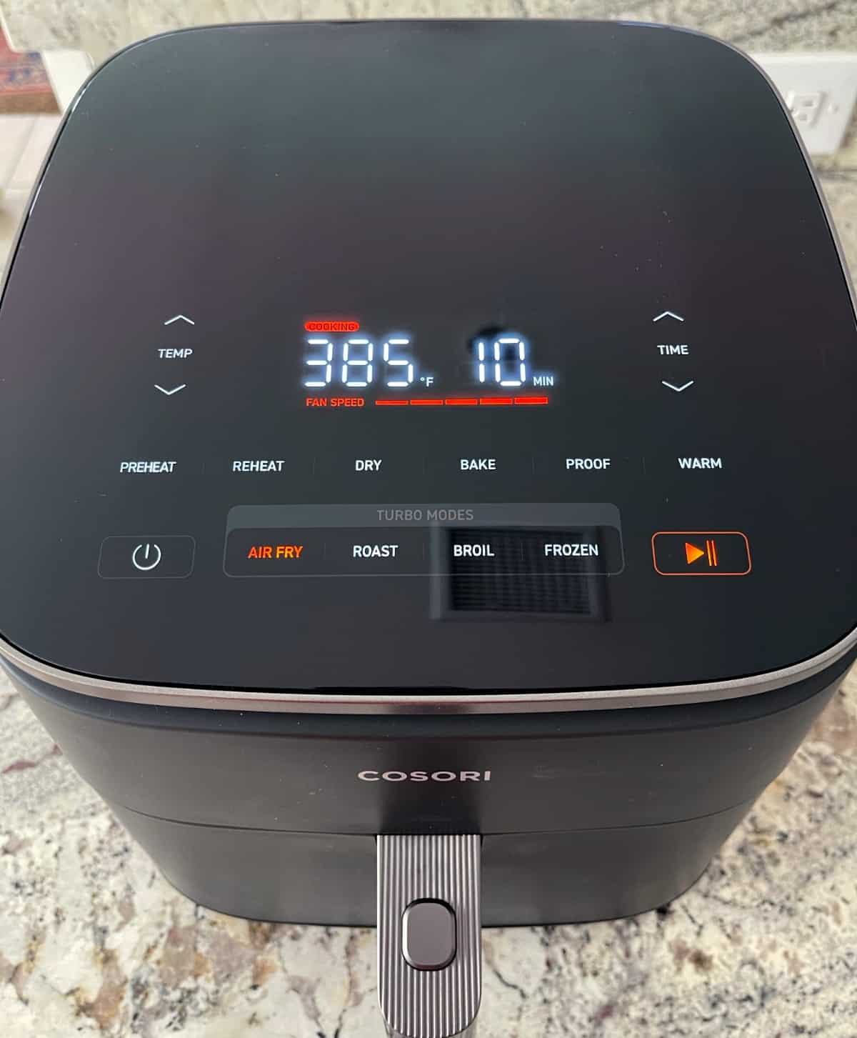 Cosori TurboBlaze set to cook on Air Fry mode for 10 minutes at 385F degrees.