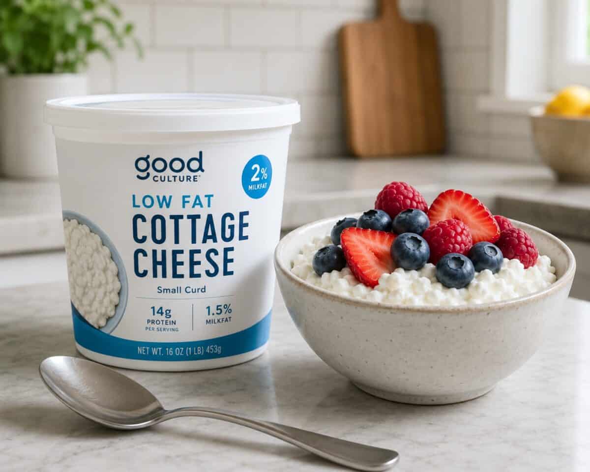 Container of low-fat cottage cheese alongside a bowl of cottage cheese topped with fresh blueberries, raspberries and sliced strawberries.