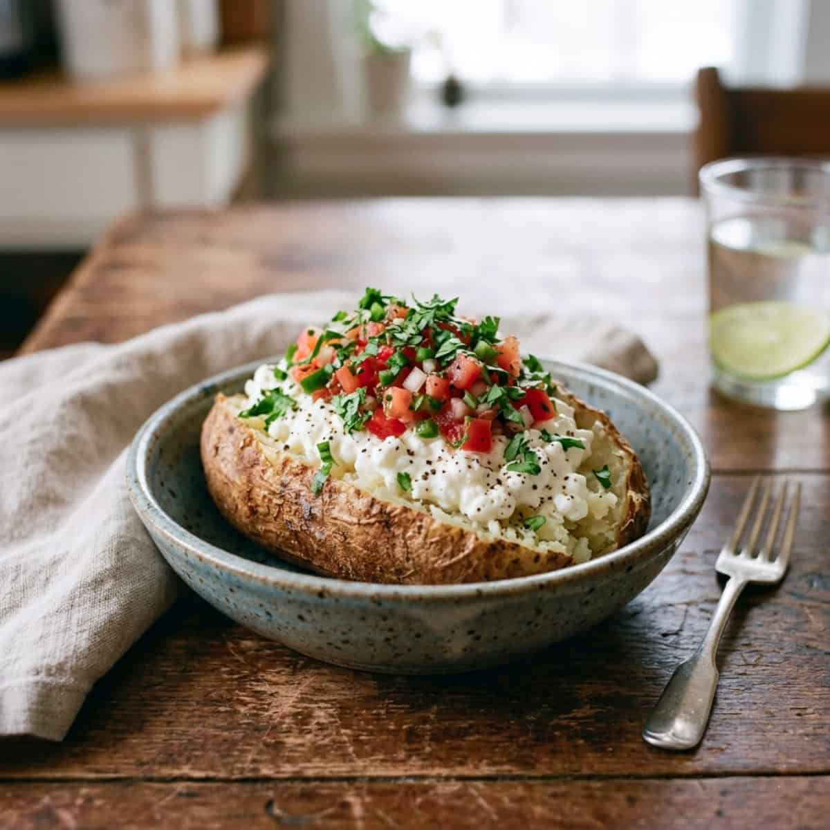 Baked potato topped with cottage cheese, salsa or pico de Gallo and fresh chopped cilantro in a blue ceramic bowl on wooden table with a fork, napkin and glass of water.