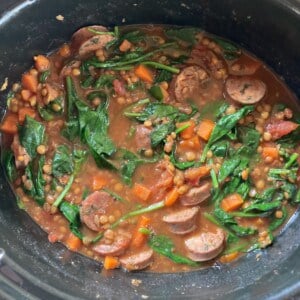 Finished Slow Cooker Lentils with Chicken Sausage and Spinach Ready to Serve from Black CrockPot