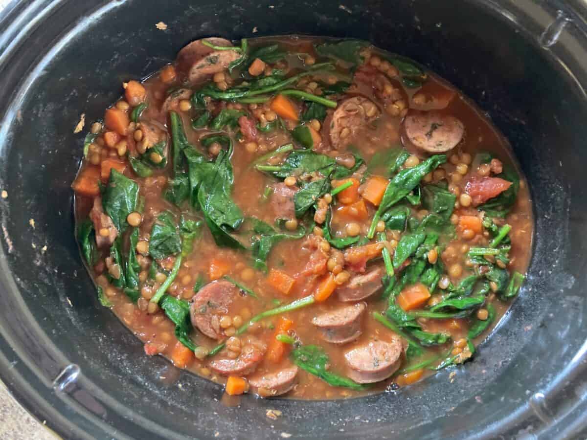 Finished Slow Cooker Lentils with Chicken Sausage and Spinach Ready to Serve from Black CrockPot