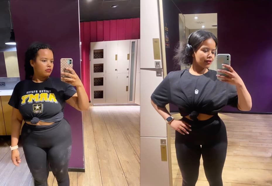 Ariam B. before and after weight loss success in workout clothes.