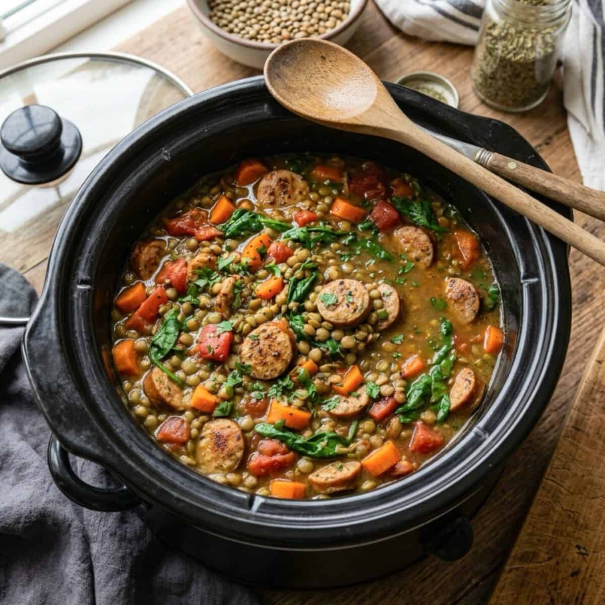 Cooking lentils with chicken sausage and spinach in a black crock pot.