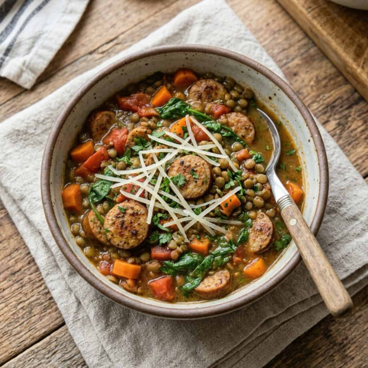 Crock pot lentils with chicken sausage and spinach topped with grated Parmesan and parsley in a bowl with a spoon.