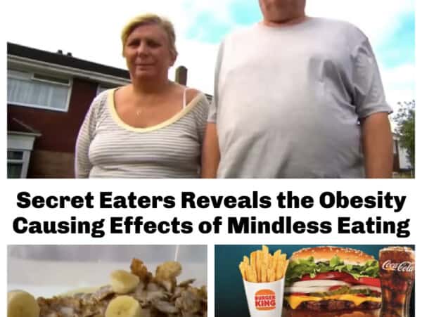 Photo Collage of Middle Aged Secret Eaters, and Oversized Amounts of Food with Text Overlay: Secret Eaters Reveals the Obesity Causing Effects of Mindless Eating