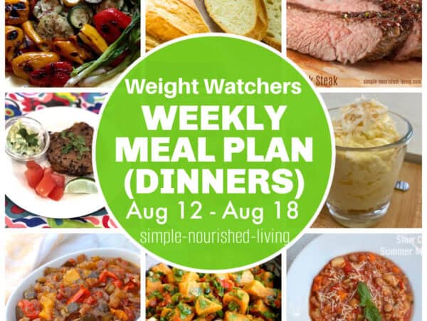 Food photo collage featuring this week's WW Meal Plan Ideas including grilled vegetables, grilled marinated flank steak, black bean burgers, 3 ingredient pineapple fluff, slow cooker ratatouille, southwestern sweet potato salad, slow cooker summer vegetable soup