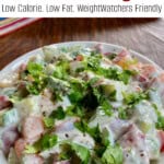 Creamy Cucumbers and Tomatoes with Yogurt in White Bowl with Descriptive Text Box for Pinterest PIN