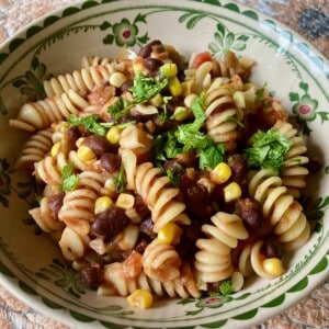 Southwestern Salsa Pasta in a Decorative Ceramic Bowl on a Placemat