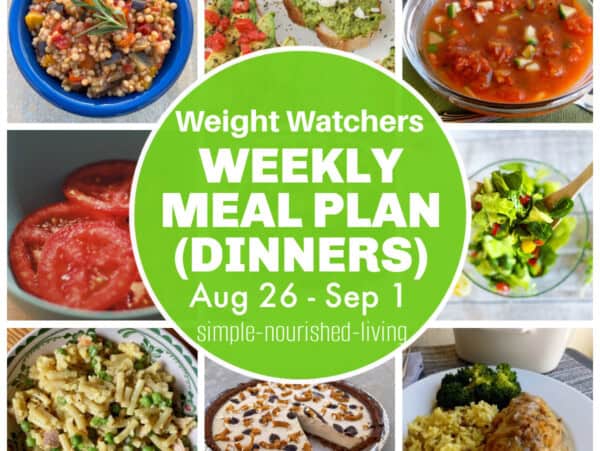 Photo Collage with Meal Plan Ideas including Slow Cooker Chicken Thighs, Easy Cheesy Tuna Mac Made Lighter, Sliced Tomatoes, 10 Minute Chocolate Pretzel Peanut Butter Pie Made Lighter, Instant Pot Couscous Puttanesca, Salad, Avocado Toast, Gazpacho