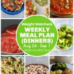 Photo Collage with Meal Plan Ideas including Slow Cooker Chicken Thighs, Easy Cheesy Tuna Mac Made Lighter, Sliced Tomatoes, 10 Minute Chocolate Pretzel Peanut Butter Pie Made Lighter, Instant Pot Couscous Puttanesca, Salad, Avocado Toast, Gazpacho