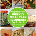 Food Photo Collage with WW friendly recipes for 9/2 dinners meal plan featuring: grilled vegetables, Kodiak Chocolate Chip Cake, Shrimp Stir Fry, Rice, Lemon Quinoa Lentil Salad, Baked Oatmeal, Crock Pot Chicken, Crock Pot Chicken with Mashed Potatoes, Peas, Carrots